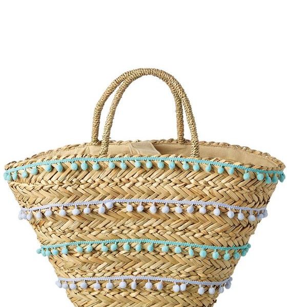 White and Blue Pom Pom Handwoven French Market Basket