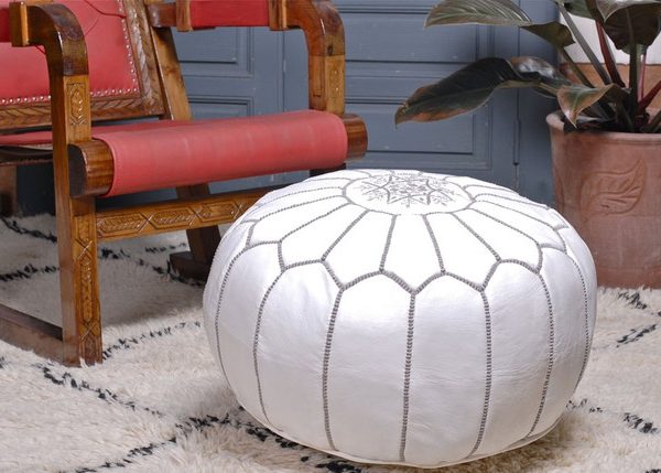 Luxurious Moroccan Leather Pouf with Elegant White Embroidery for Home Decor