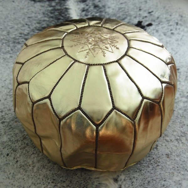 Luxurious Gold Leather Pouf - Handcrafted Moroccan Charm