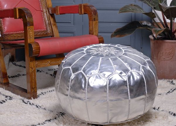 Moroccan Handmade Genuine Leather Pouf - Exquisite Silver Seating