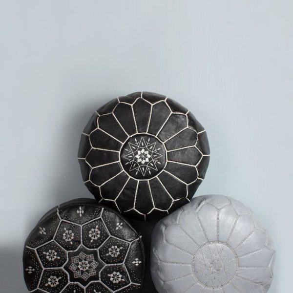 Moroccan Leather Pouf 161 with Black Flower Embroidery
