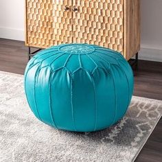 Embroidered Sky Blue Moroccan Leather Pouf - Handcrafted Genuine Leather Poufs from Marrakech, Elevate Your Home Decor and Add Cozy Seating