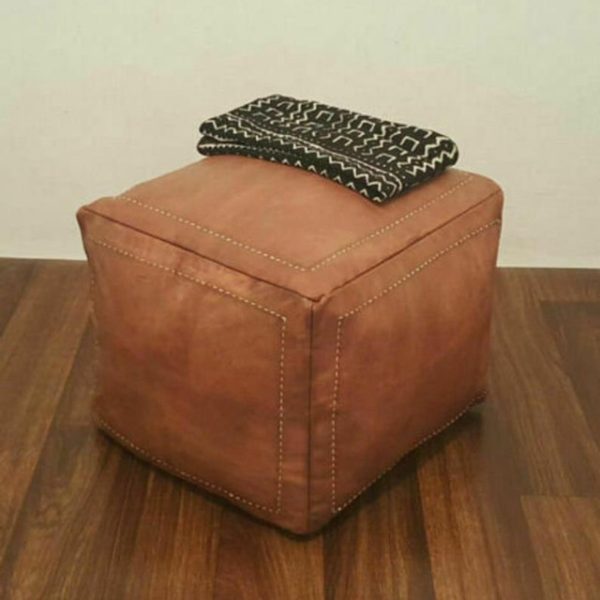 Premium Moroccan Leather Pouf - Handcrafted Square Seating