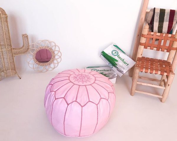 Handcrafted Moroccan Leather Pouf - Pink Embroidered Handmade Pouf