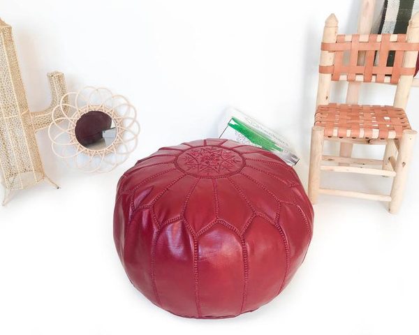 Cherry Red Embroidered Moroccan Leather Pouf