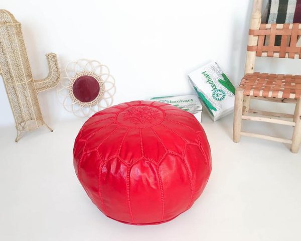 Moroccan Leather Pouf - Handmade Genuine Red Seating