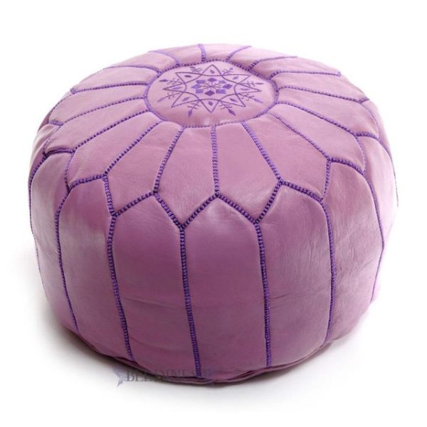 Violet Embroidered Moroccan Leather Pouf | Handmade in Marrakech