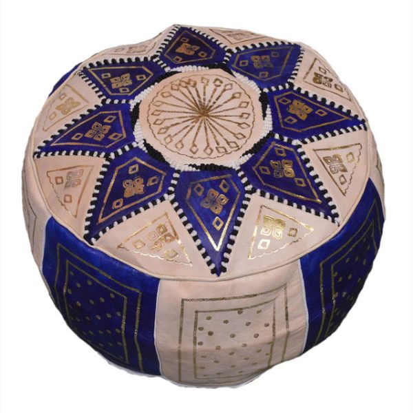 Blue Moroccan Leather Pouf - Handmade Zippered Seat