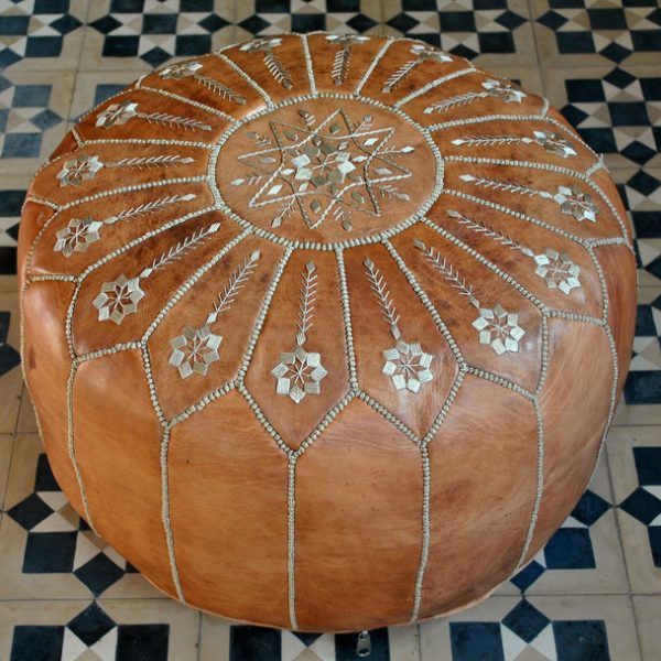 Moroccan Flower Embroidered Leather Pouf | Tan Embellished Ottoman