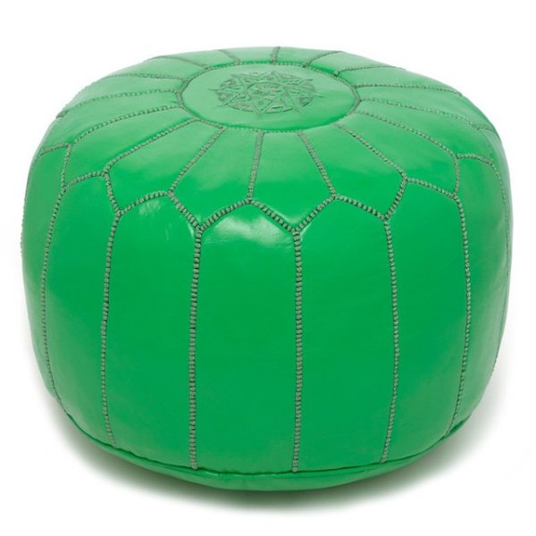 Embroidered Green Leather Moroccan Pouf - Handmade Cozy Embroidery