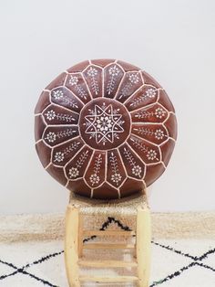 Authentic Moroccan Tan Flower Leather Poufs for Cozy Home Atmosphere