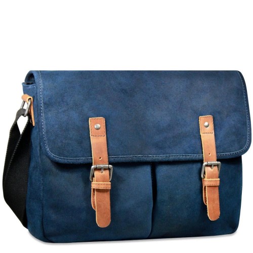 Blue Moroccan Leather Messenger Bag - Handcrafted Quality with Multiple Pockets