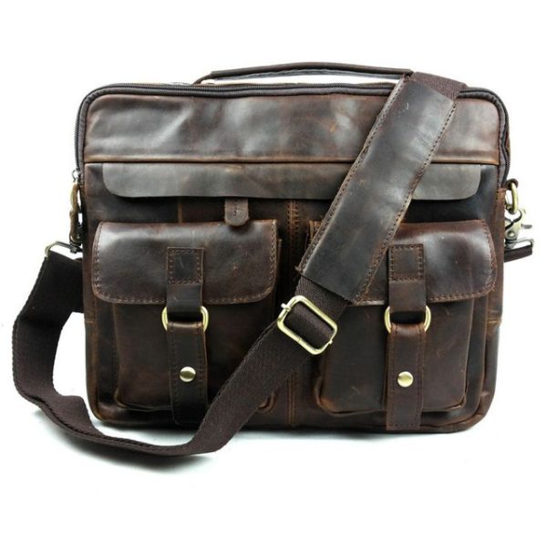 Vintage Brown Leather Moroccan Messenger Bag with Adjustable Strap
