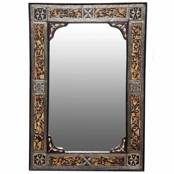 Moroccan Metal Mirror with Engraved Silver and Brown Leather Frame