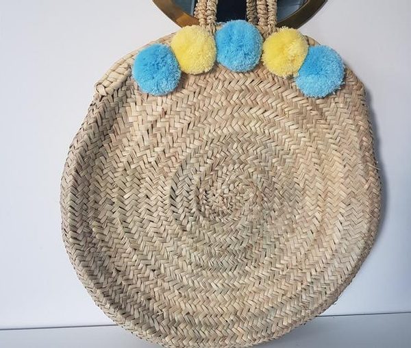 Chic Blue and Yellow Pom Pom Handwoven Basket