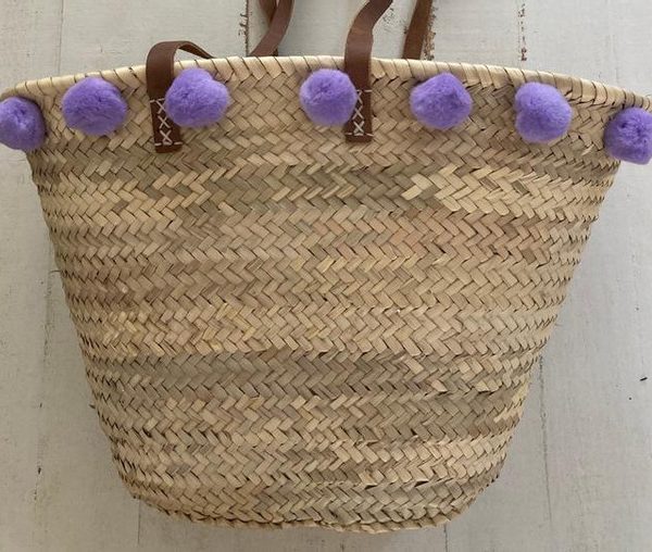 Violet Pom Pom Basket - Handcrafted Moroccan Berber Eco-Friendly Bag