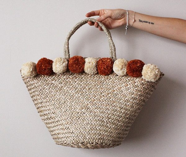 Moroccan Berber Pom Pom Basket with Beige and Brick Accents