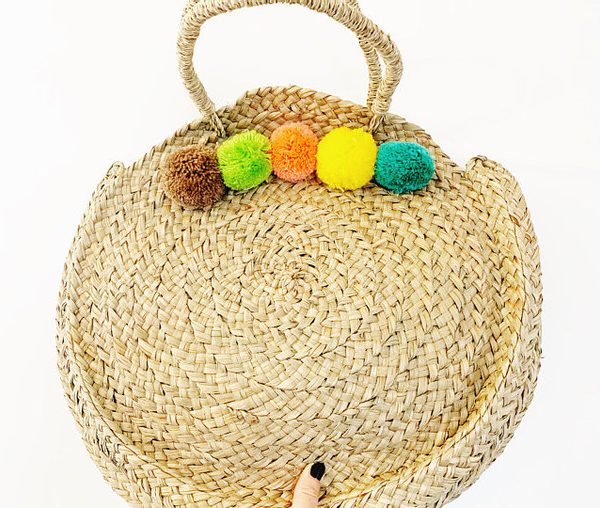 Handmade Round Moroccan Pom Pom Basket - Vibrant & Versatile Basket