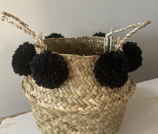 Moroccan Handcrafted Pom Pom Basket with Black Poms