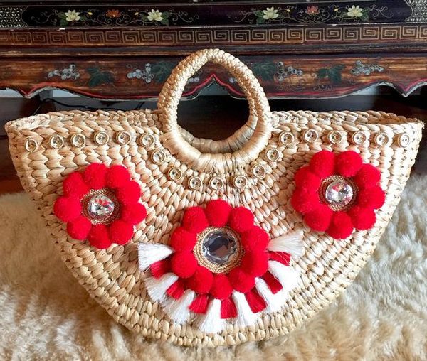 Moroccan Berber Red and White Pom Pom Handmade Baskets