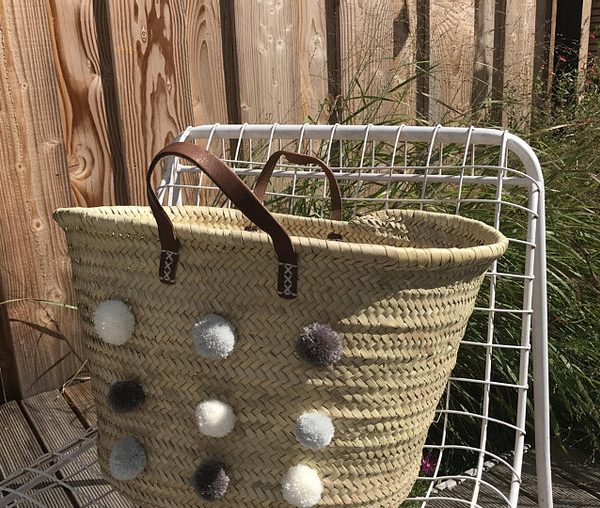 Handwoven Moroccan Pom Pom Baskets - Gray and White Basket