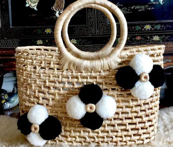 Moroccan Flower Pom Pom Basket - Handmade Eco-Friendly Storage & Beach Tote