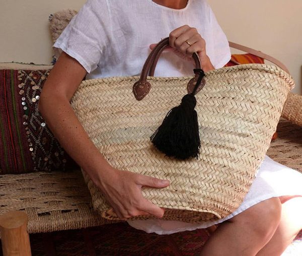 Handwoven Eco-Friendly Pom Pom Basket with Black Handle
