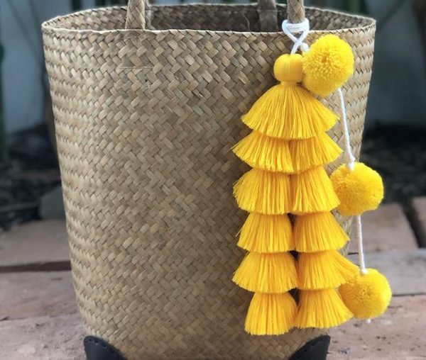 Handmade Yellow Pom Pom Basket - Moroccan Berber Craftsmanship
