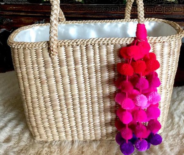 Moroccan Handmade Red Pink Purple Pom Pom Basket 007