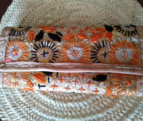 Moroccan Embroidered Straw Clutch - Orange/Black/White