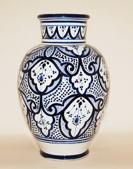 Vintage Moroccan Blue and White Majolica Pottery Vase with Brass Filigree Accents