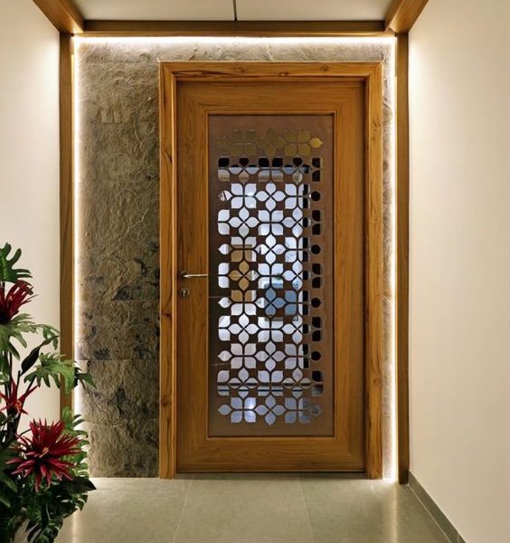 Light Wood Carved Flower Moroccan Front Entry Door, Wood Door 009